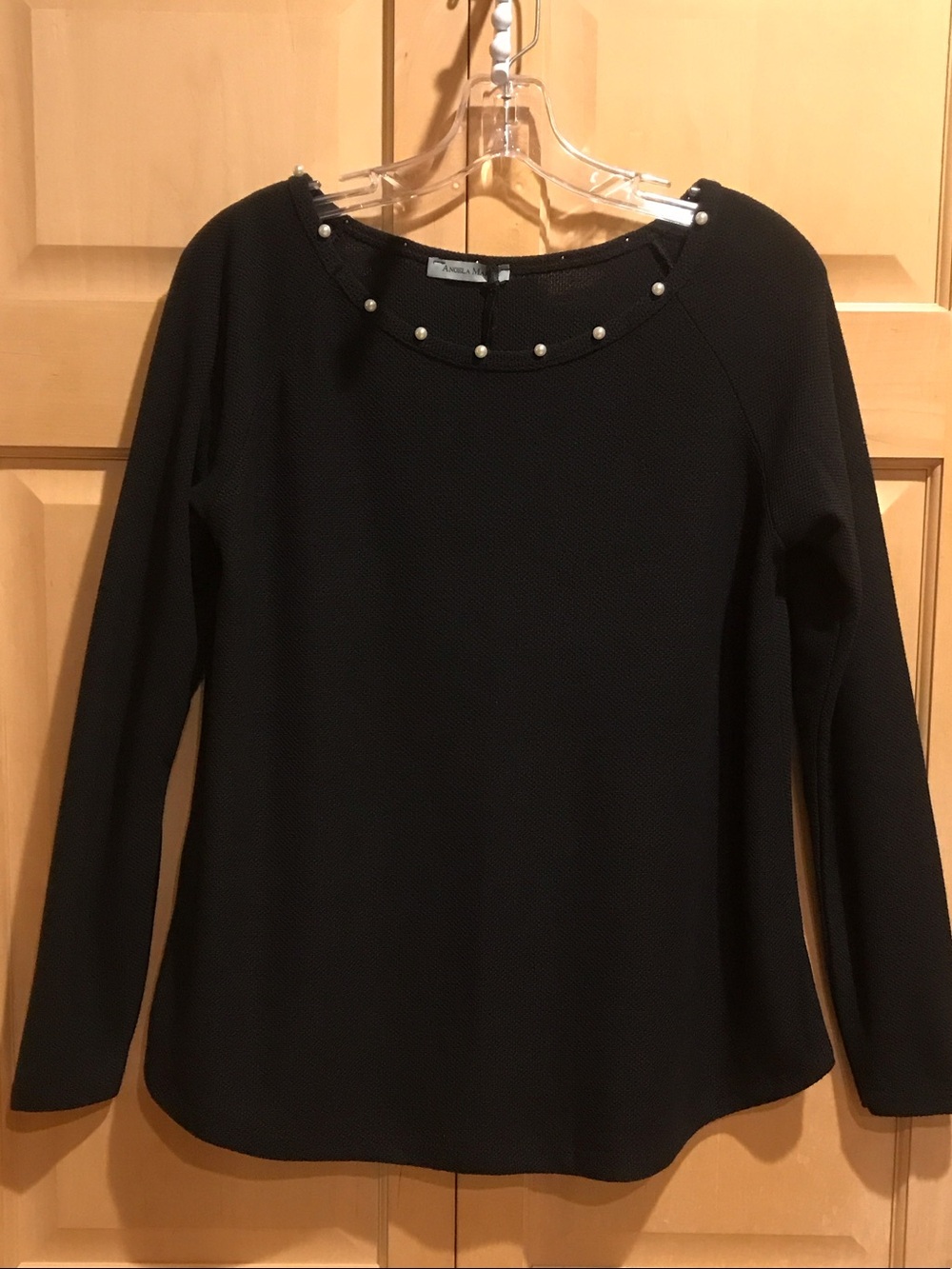New Angela Mara Black Long Sleeve Knit Top with Pearl Trim